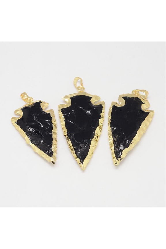 Natural Obsidian Big Pendants Arrowhead with Brass Finding Golden 50~70x20~30x6~10mm Hole: 5x8mm