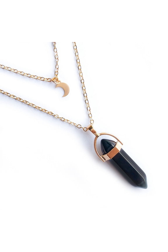 Natural Obsidian Double Terminated Pointed Moon Alloy Pendant Double Layer Necklaces for Women Golden 13.78 inch(35cm)
