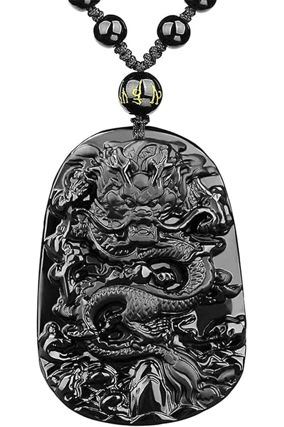 Natural Obsidian Dragon Necklace For Men - Black Obsidian Pendant Talisman Amulet Protection With Bead Chain Healing Crystal Stone Spiritual Jewelry