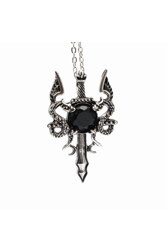 Natural Obsidian Dragon Pendant Necklace Gothic Alloy Jewelry for Men Women Silver Platinum 19.69 inch(50cm)