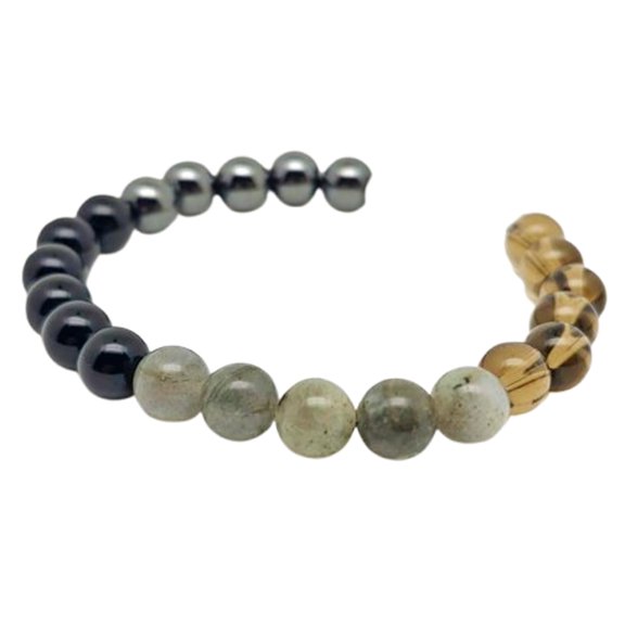 Natural Obsidian, Hematite, Clear Quartz, Smoky Quartz & Labradorite 8mm Round Shape Smooth Cut Beads Stretchable Bracelet For Men & Women. Unisex Bracelet For Healing