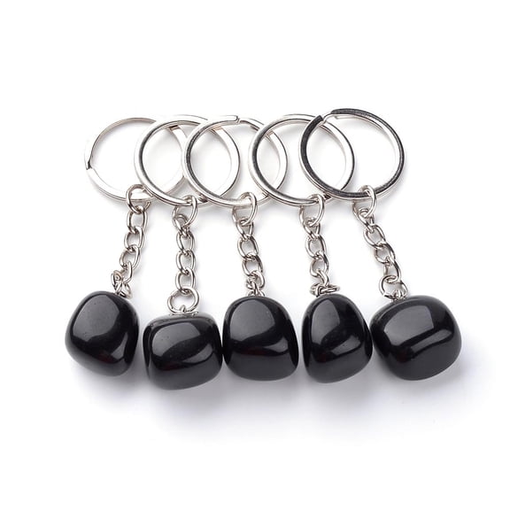 Natural Obsidian Keychain with Iron Findings Platinum 85~94mm