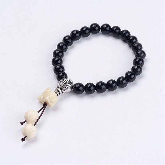 Natural Obsidian Mala Bead Bracelets with Coral Lotus Elephant Beads Tibetan style Alloy Guru Bead Burlap Packing Pouches Drawstring Bags Inner Diameter: 2-1/8 inch(5.3cm)