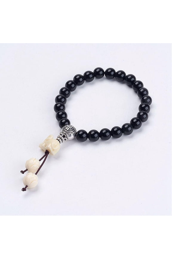 Natural Obsidian Mala Bead Bracelets with Coral Lotus Elephant Beads Tibetan style Alloy Guru Bead Burlap Packing Pouches Drawstring Bags Inner Diameter: 2-1/8 inch(5.3cm)