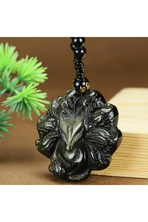 Natural Obsidian Nine-tailed Fox Pendant - Hand-carved elegant neutral necklace, bead chain design, electroless plating, unique gift for unisex,Black