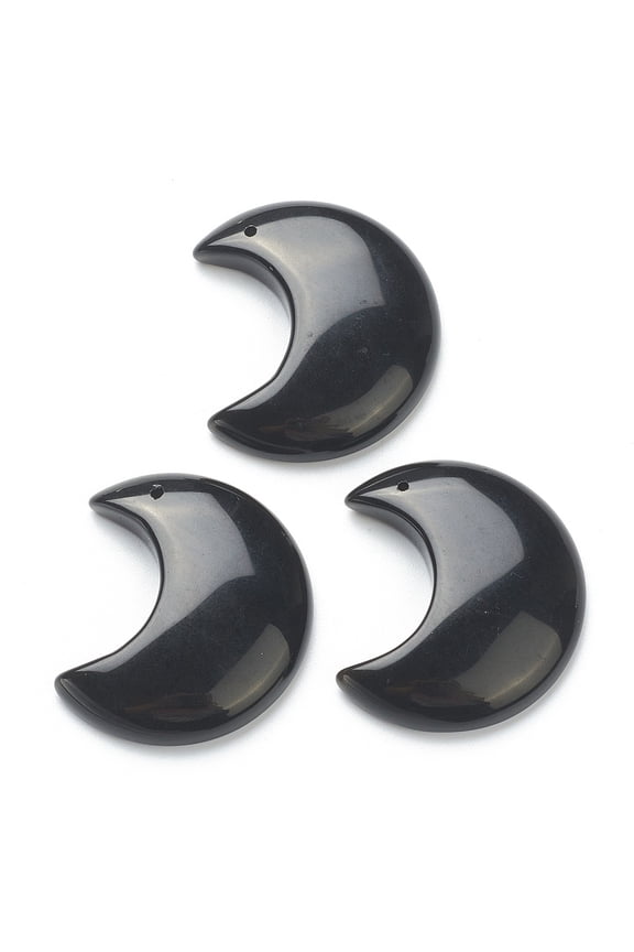Natural Obsidian Pendants Moon 34~35x29~30x7.5~9mm Hole: 1.2mm