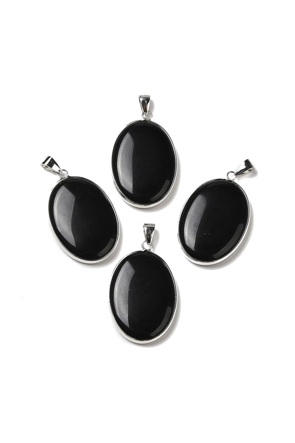 Natural Obsidian Pendants Oval Charms with Platinum Plated Metal Findings 39.5x26x6mm Hole: 7.6x4mm Obsidian