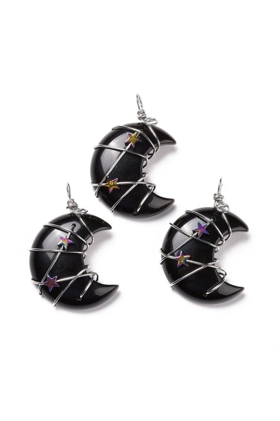 Natural Obsidian Pendants with Platinum Tone Brass Wire Wrapped and Hematite Star Beads Cadmium Free & Lead Free Moon 45.5~47x32.5~33.5x11~12mm Hole: 5mm