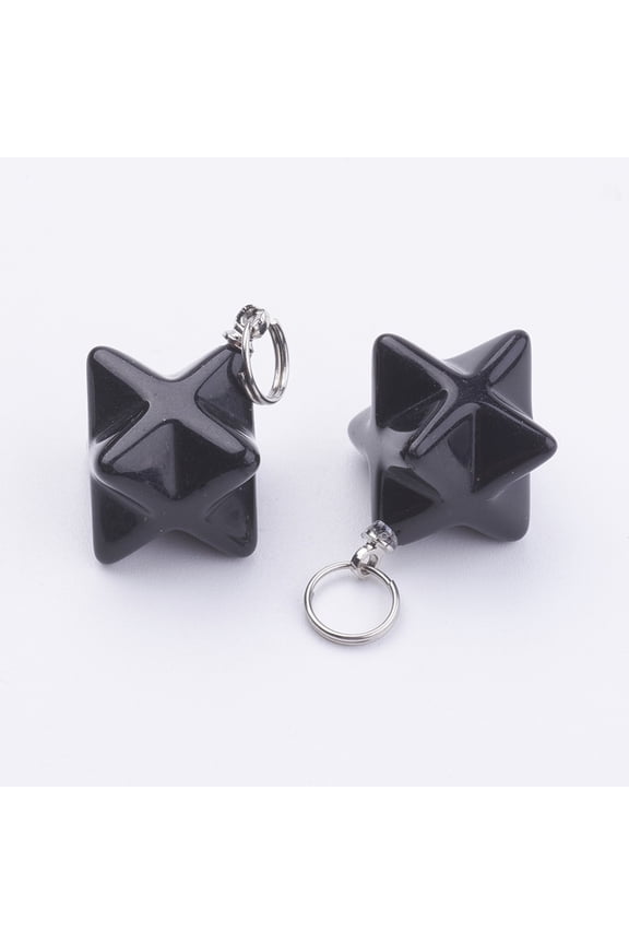 Natural Obsidian Pendants with 201 Stainless Steel Split Rings Stainless Steel Color Star 22~23x16.5~17x19mm Hole: 6mm