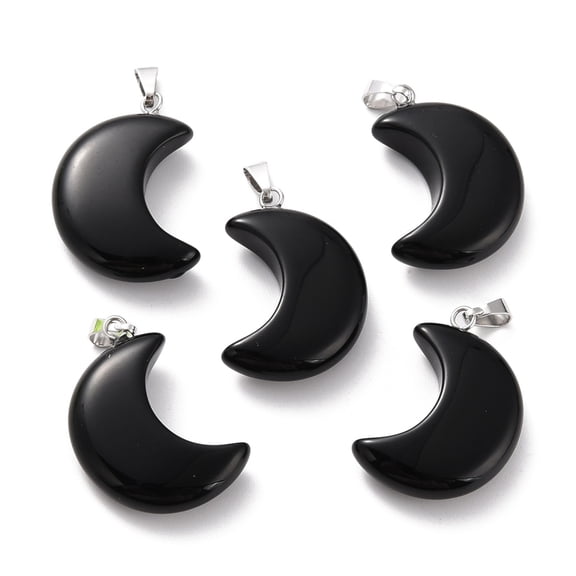 Natural Obsidian Pendants with Platinum Brass Loops Moon 29x18~21x7~10mm Hole: 6x3mm