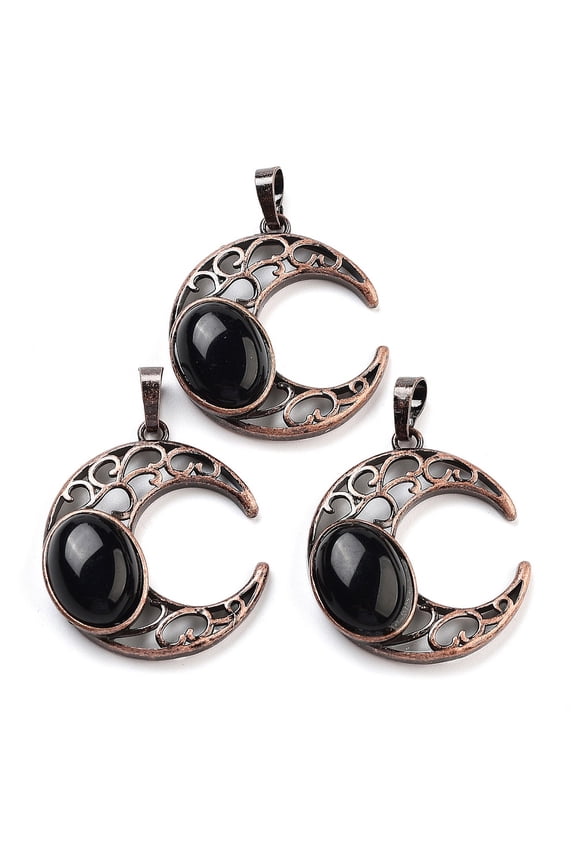 Natural Obsidian Pendants with Red Copper Plated Brass Findings Moon 34x30x9~9.5mm Hole: 5x8mm