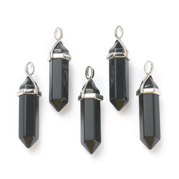Natural Obsidian Pointed Pendants with Platinum Tone Brass Findings Bullet 39.5x12x11.5mm Hole: 4.5x2.8mm