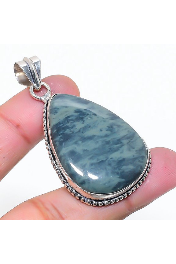 Natural Ocean Fume Agate Gemstone 925 Sterling Silver Jewelry Pendant 2.05"