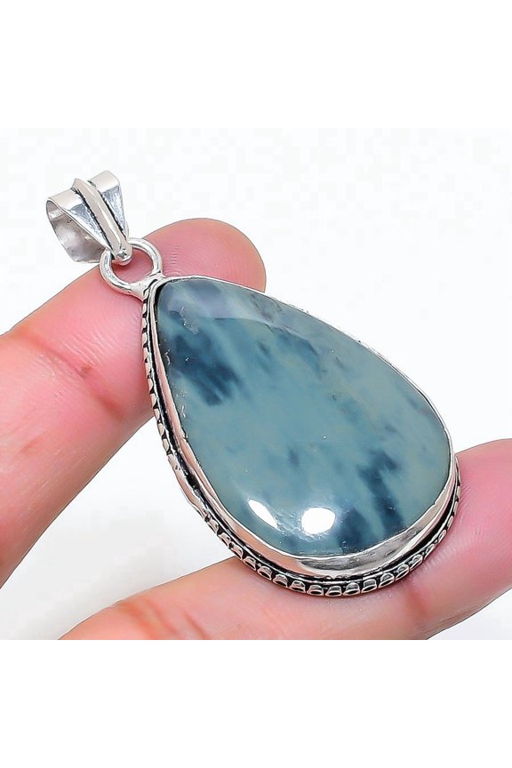 Natural Ocean Fume Agate Gemstone 925 Sterling Silver Jewelry Pendant 2.13"