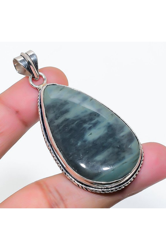 Natural Ocean Fume Agate Gemstone 925 Sterling Silver Jewelry Pendant 2.40"