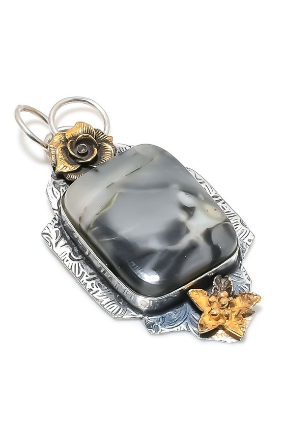 Natural Ocean Fume Agate Stone 925 Sterling Silver Two Tone Pendant 2.48"