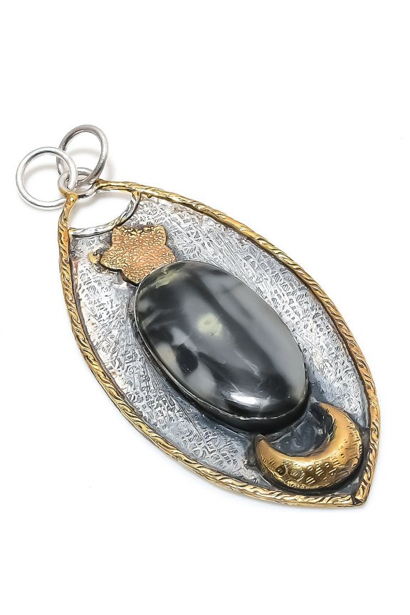 Natural Ocean Fume Agate Stone 925 Sterling Silver Two Tone Pendant 3.35"