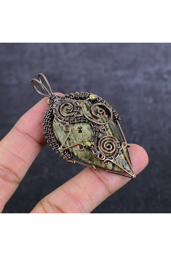 Natural Ocean Jasper Gemstone Copper Wire Wrap Jewelry Pendant 2.88"