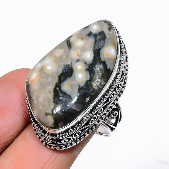 Natural Ocean Jasper Gemstone Handmade 925 Sterling Silver Gift Ring Size 8