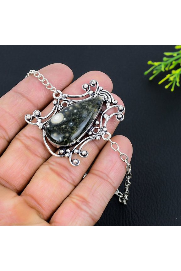 Natural Ocean Jasper Gemstone Handmade 925 Sterling Silver Jewelry Necklace 18"