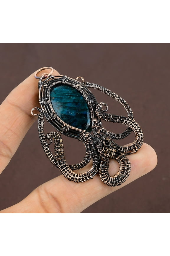 Natural Octopus Labradorite Stone Handmade Copper Wire Wrap Pendant 3.03"