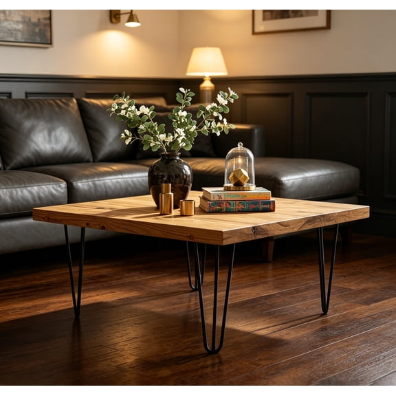Natural Old Pine Wood Square Coffee Table for Bedroom, 27.6" x 27.6" x 15.5" H, Rustic Solid Wood Table for Living Room, Sturdy Handmade End Table
