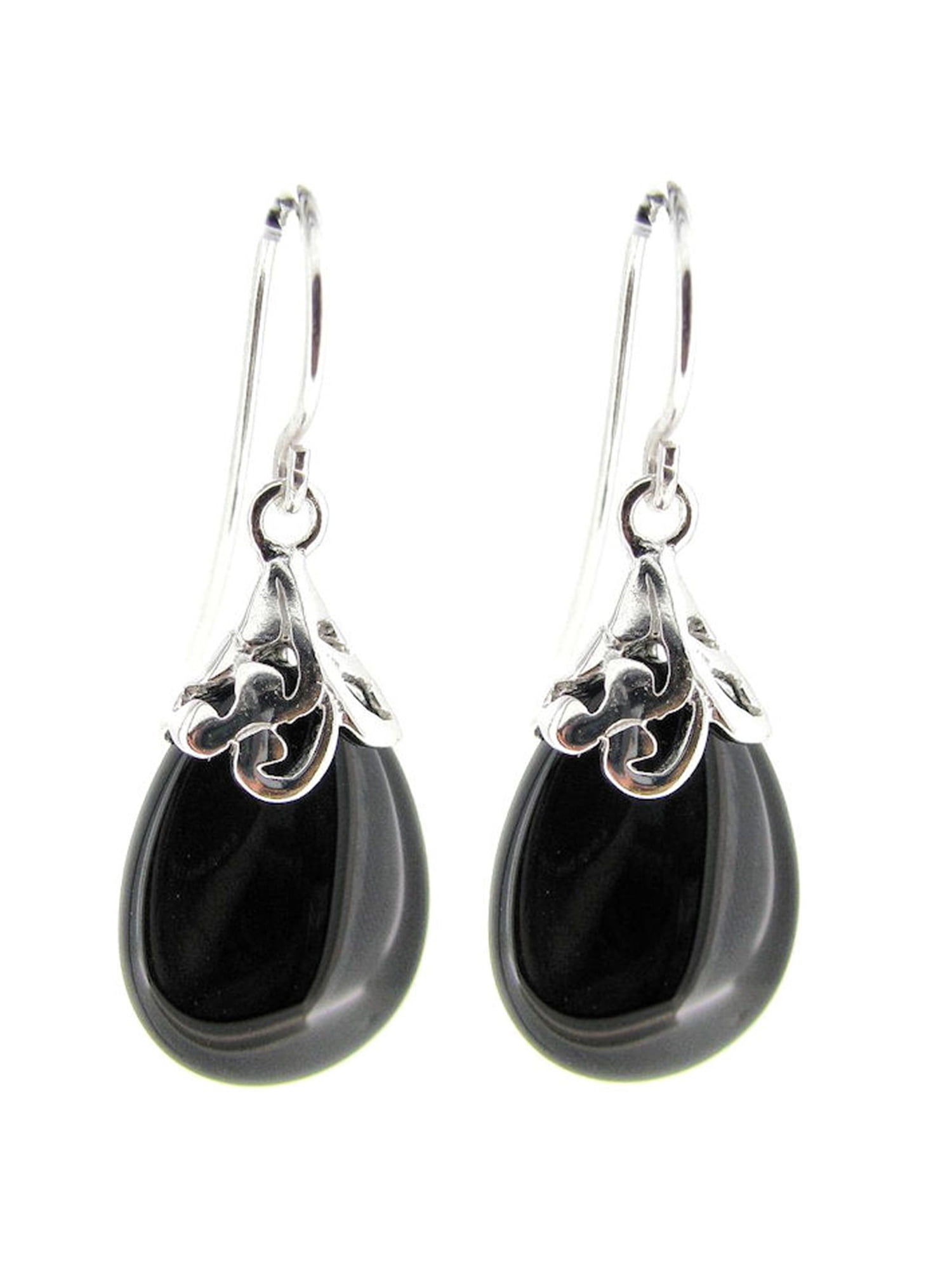 Natural Onyx Black Teardrop Sterling Silver Filigree Flower Bail and French Hook Earwires Dangle Earrings