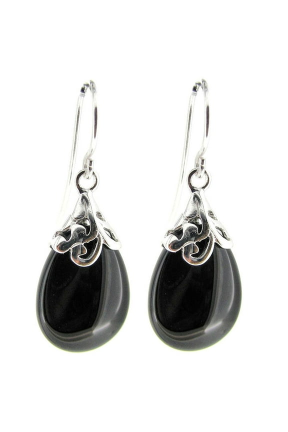 Natural Onyx Black Teardrop Sterling Silver Filigree Flower Bail and French Hook Earwires Dangle Earrings