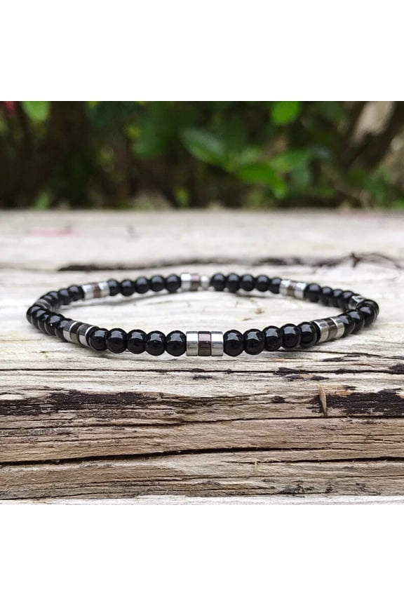 Natural Onyx & Hematite 4mm round & rondelle Shape smooth Cut Beads Stretchable Bracelet for Men & Women.
