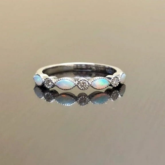 Natural Opal & CZ Diamond Wedding Band, Vintage Opal Band, Sterling Silver Opal Ring, Half Eternity Ring, October Birthstone Matching Band