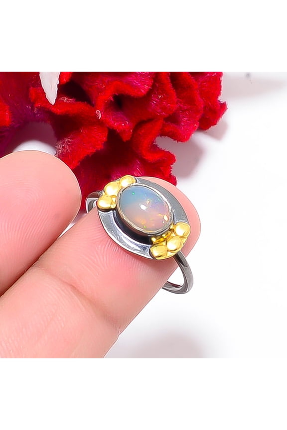 Natural Opal - Ethiopia Black And Gold Plated 925 Sterling Silver Ring S.8.5 R84431, Christmas Gift