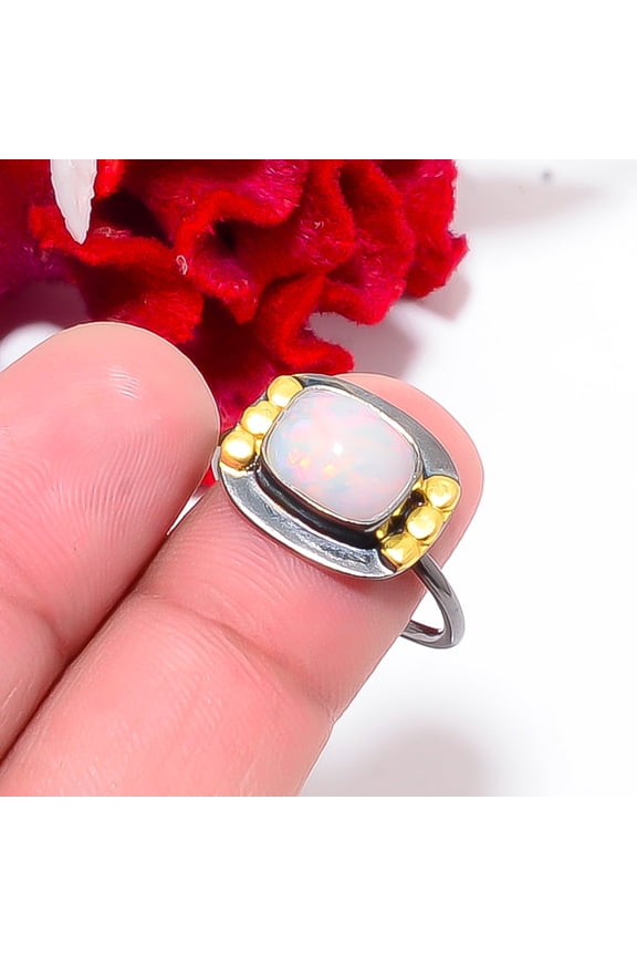 Natural Opal - Ethiopia Black And Gold Plated 925 Sterling Silver Ring S.9 R84432, Christmas Gift