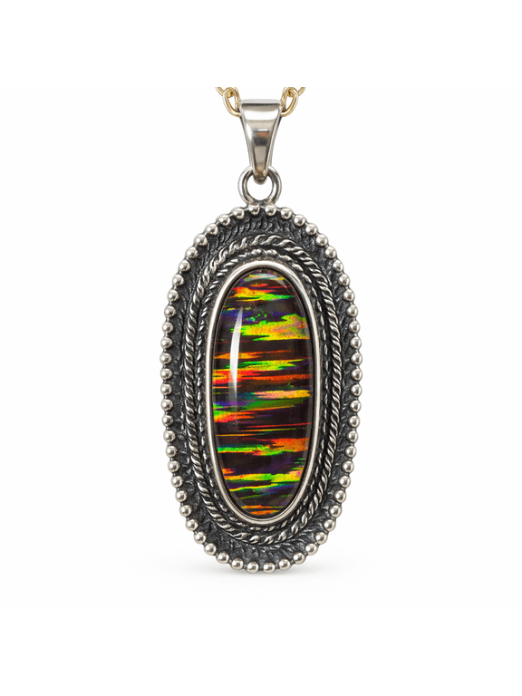 Natural Opal Fire Multicolor 925 Sterling Silver Necklace, 43 Carat