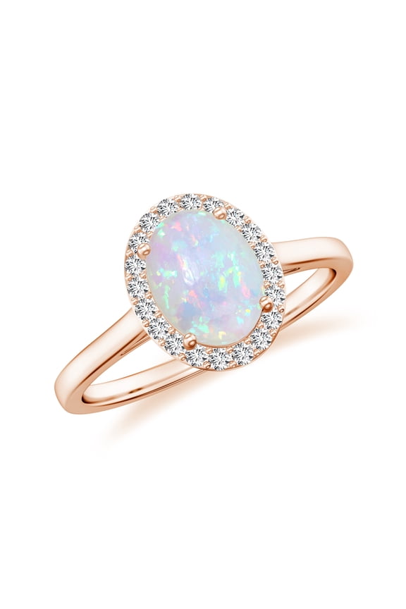 Natural Opal Halo Engagement Ring with Moissanite in Rose Gold Plated/ 925 Sterling Silver| Oval Shaped October Birthstone, Birthday, Anniversary, Wedding Jewelry, Ring Size 5
