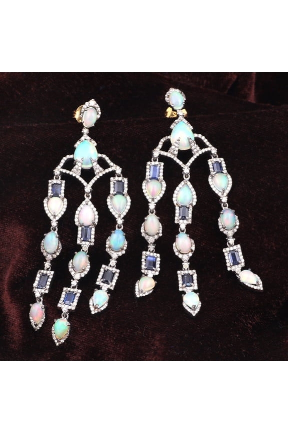 Natural Opal Kyanite,Diamond Gemstone 925 Sterling Silver Earrings
