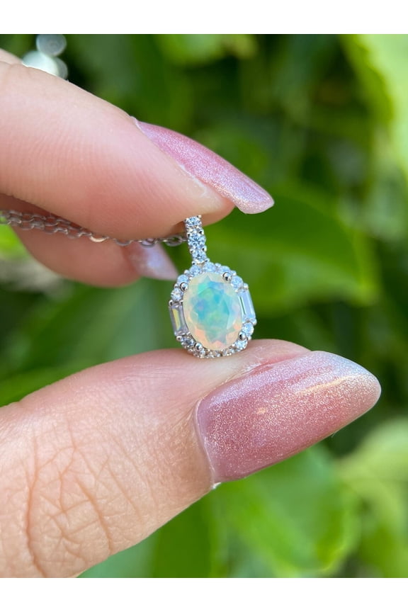 Natural Opal Pendant Necklace with CZ Halo | S925 Sterling Silver Gold Plated | Dainty October Birthstone Jewelry | Ethiopian Opal Gift