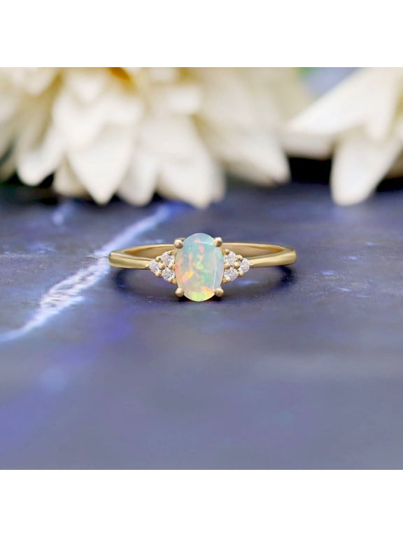 GemEmporium Natural Opal Ring 14k Gold Plated Ring |October Birthstone Natural Opal Anniversary Ring |Gift For Her Birthday Ring