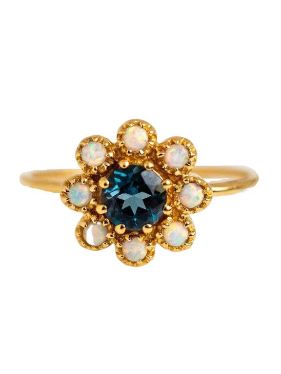 Natural Opal Ring, Natural London Blue Topaz & Opal Ring, London Blue Topaz Gemstone Ring, Floral Ring, Halo Ring, December Birthstone, 925 Solid Silver, Dainty Designer Ring, Cluster Ring, Wedding
