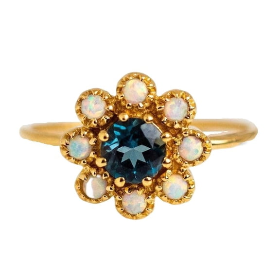 Natural Opal Ring, Natural London Blue Topaz & Opal Ring, London Blue Topaz Gemstone Ring, Floral Ring, Halo Ring, December Birthstone, 925 Solid Silver, Dainty Designer Ring, Cluster Ring, Wedding