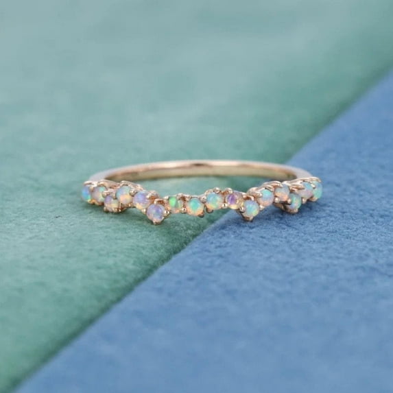 Natural Opal Ring, Vintage Opal Band, Opal Wedding Band, 14k Rose Gold plated Opal Ring, Dainty Opal Ring, October Birthstone Ring, Matching Band Ring