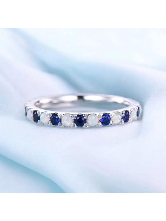 Natural Opal Sapphire Ring, Full Eternity Wedding Band, Silver 14k Gold plated silver Band, Opal Stacking Matching Band Anniversary Gift For Her