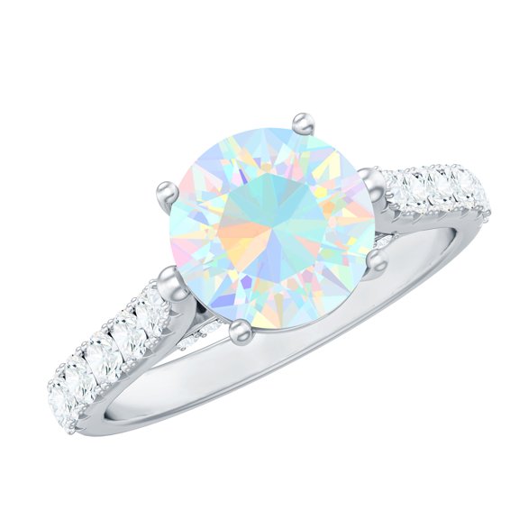 Rosec Jewels Ethiopian Opal Solitaire Engagement Ring for Women - Real Opal Diamond Ring - 8 mm - AAA Grade - with Jewelry Box, 925 Sterling Silver, US 4.00