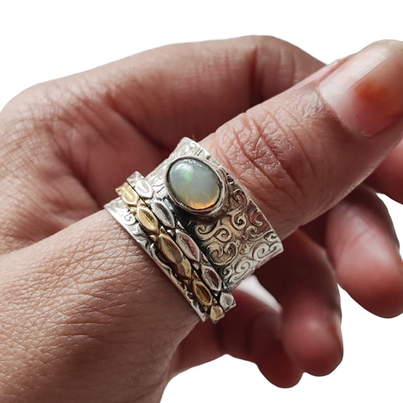 Natural Opal Spinner Band, October Birthstone, Meditation Ring, 925 Sterling Silver Ring, Spinning Ring, Two Tone Ring, Fidget Ring, Handmade Jewelry, Christmas, Womans Band Ring, Anxiety Ring, Gifts