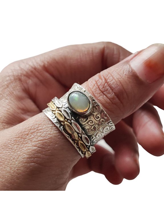 Natural Opal Spinner Band, October Birthstone, Meditation Ring, 925 Sterling Silver Ring, Spinning Ring, Two Tone Ring, Fidget Ring, Handmade Jewelry, Christmas, Womans Band Ring, Anxiety Ring, Gifts