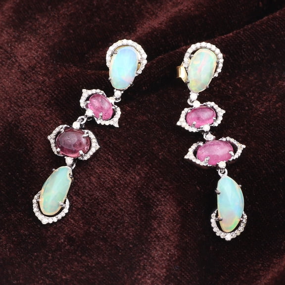Natural Opal Tourmaline,Diamond Gemstone 925 Sterling Silver Earrings