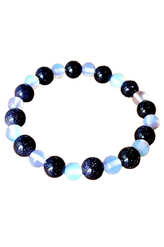 Natural Opalite & Blue Goldstone 6-8mm Round Shape Smooth Cut Beads Stretchable Bracelet For Men & Women. Unisex Bracelet