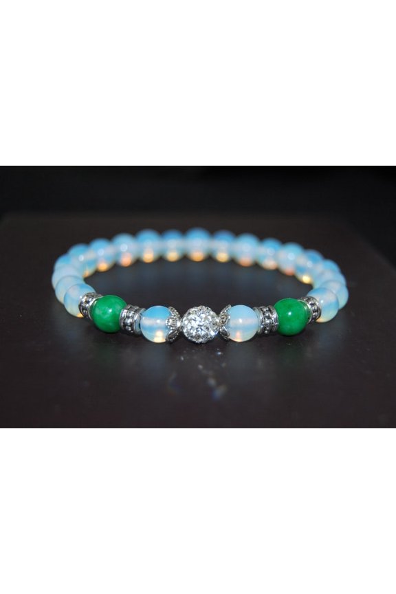 Natural Opalite & Green Jade 8mm Round Shape smooth Cut Beads Stretchable Bracelet for Men & Women.