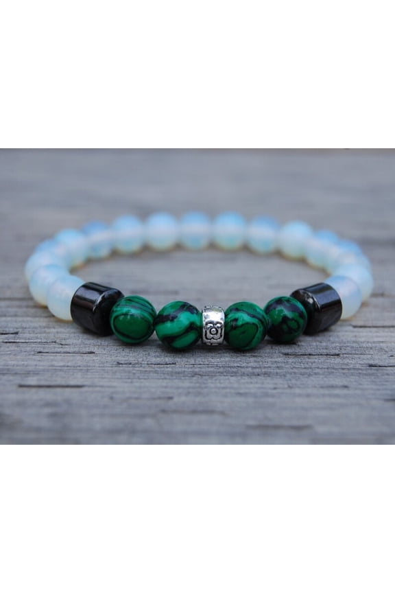Natural Opalite & Malachite 8mm Round Shape Smooth Cut Beads Stretchable Bracelet for Men & Women.
