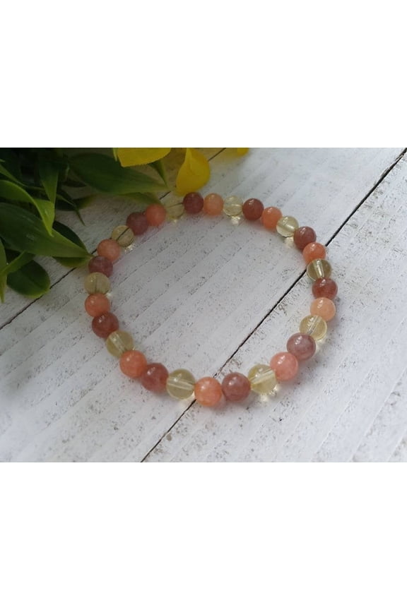 Natural Orange Calcite, Citrine & Sunstone 6mm Round Shape smooth Cut Beads Stretchable Bracelet for Men & Women.