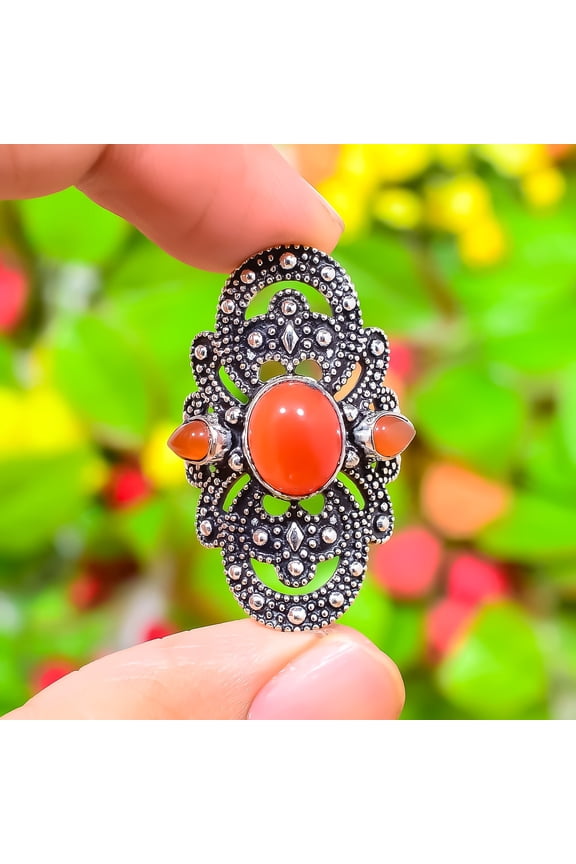 Natural Orange Carnelian Gemstone 925 Sterling Silver Gift Ring Size 6.5